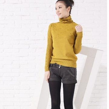2013秋装新款女装韩版修身收腰高领纯色长袖休闲女式针织衫(黄色 均码)