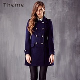 Theme掂牌 2013冬季新款厚妮子大衣双排扣修身女中长款毛呢外套A(卡其 XL)