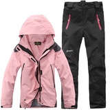 飞佳佳户外服冲锋衣裤 套装女两件套防风防水保暖登山滑雪服(粉色+黑色 S)