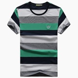 656夏装新款战地吉普纯棉条纹圆领弹力短袖T恤衫 男士半袖polo衫(绿色 XL)