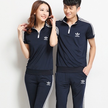 阿迪达斯2016三叶草夏季运动服男女士情侣款跑步健身短袖t桖套装长裤