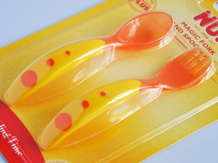 德国进口nuk婴儿宝宝彩色透明塑料小调羹和小叉子喂食餐具正品