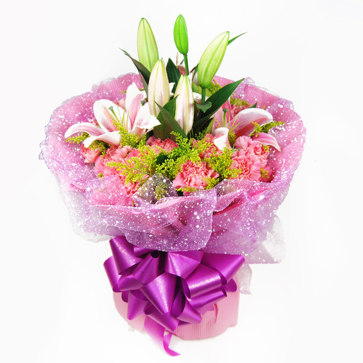 中礼鲜花速递 19枝粉色康乃馨百合花束 母亲节鲜花 教师节鲜花