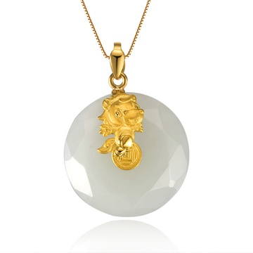 佐卡伊zocai国石和田玉吊坠镶嵌千足金福龙送吉