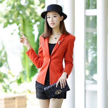 2013秋装新款女装韩版修身收腰长袖一粒扣纯色小西装 外套(桔色 XL)