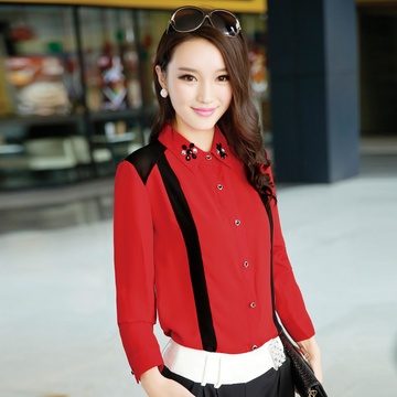 2013秋装新款女装韩版镶钻翻领单排扣纱网长袖纯色修身女士衬衫(红色 XL)