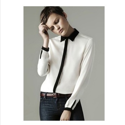 Menggele 2013新款女衬衫 欧美大码 撞色百搭 长袖打底白色衬衣(黑白撞色 L)