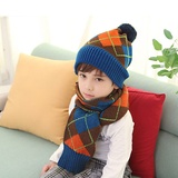 kocotree韩版冬款男女儿童针织菱格帽子围巾两件套装(菱格褐蓝边)