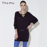 Theme掂牌 2013秋冬季新款女装纯紫色七分蝙蝠袖长款针织衫上衣A(深紫 S)