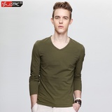 杰帝凡/JSTFE 新款韩版修身男式长袖T恤纯色V领打底衫长袖衫(军绿色 XL)