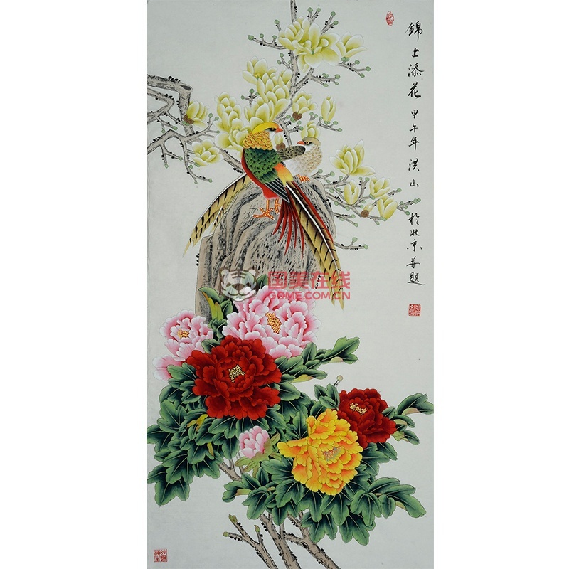 著名工笔花鸟画家 张洪山精品《锦上添花》图片展示