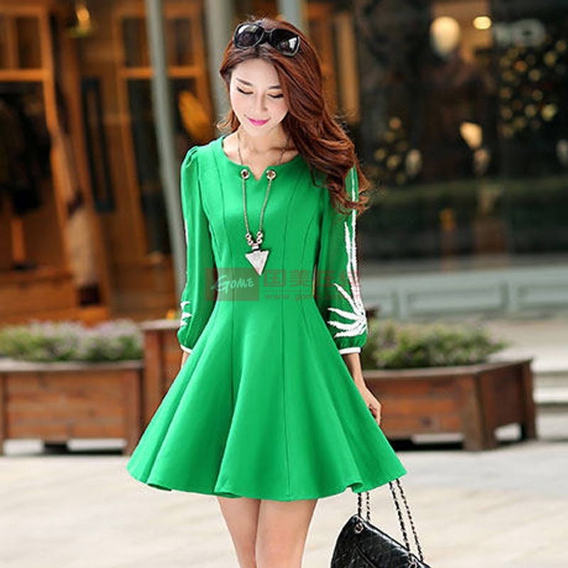 【自由羽神连衣裙绿色m图片】 自由羽神2015夏装新款连衣裙七分袖修身