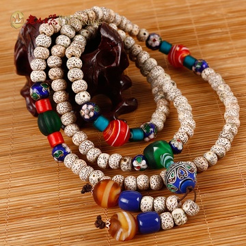 老山天然顺白星月菩提绕多圈手串配藏式尼泊尔景泰蓝圆珠吊坠(一口价)