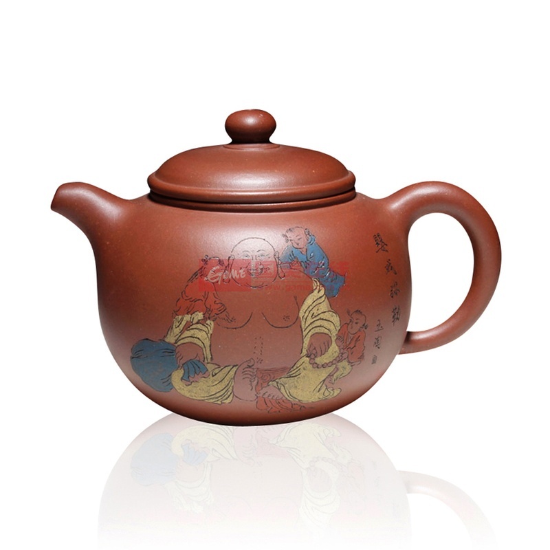 正品名家 宜兴紫砂茶壶 全手工制作 庄青 细刻 婴戏弥佛图 紫砂壶