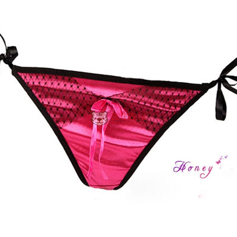 缎面侧系带丁字裤 开档内裤 情趣内裤 情趣内衣 成人用品均码(酒红)