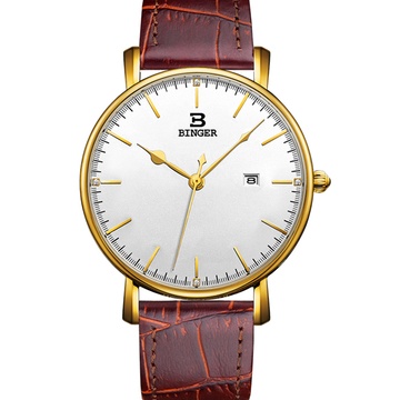 宾格binger手表陈小春代言男女表时尚对表防水石英表棕皮间金白面男